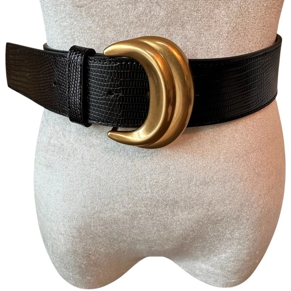 Sophisticated Black Textured Wide Leather Belt with Large Gold Buckle, Size 10